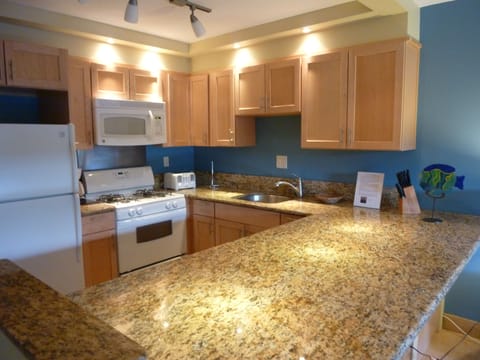 Lots of cupboard space, and large granite countertop.  Glass fish for decoration