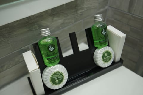 Shower, free toiletries, hair dryer, towels