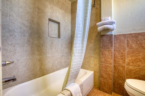 Combined shower/tub, free toiletries, hair dryer, towels