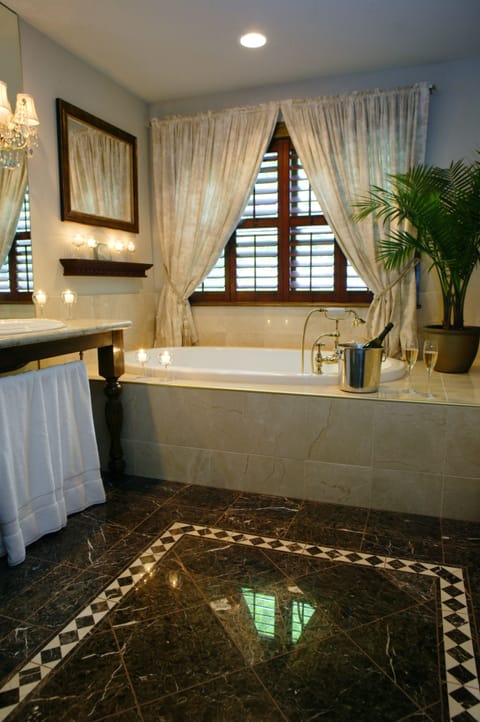 Designer toiletries, hair dryer, towels