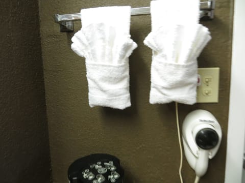 Combined shower/tub, free toiletries, towels