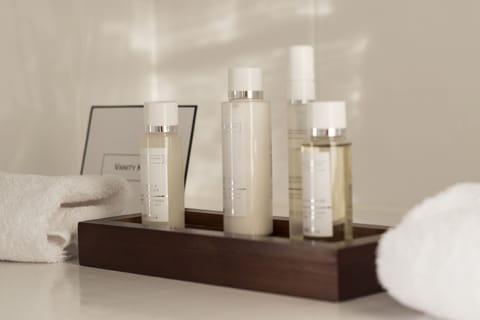 Shower, free toiletries, slippers, towels