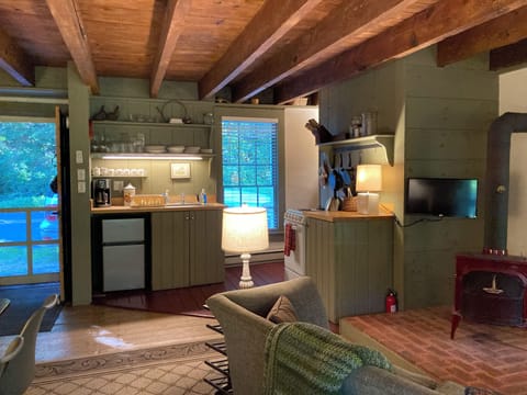 Kitchen area with small refrigerator. Standard size refrigerator in basement.
