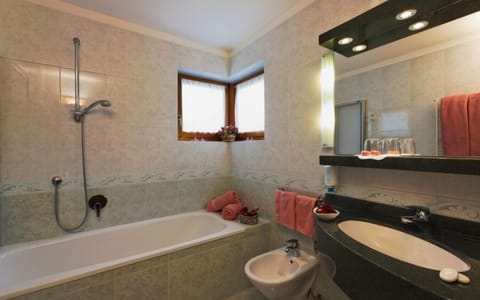 Hair dryer, bidet, towels, soap