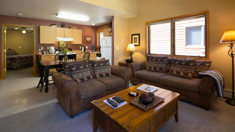 LCD TV, fireplace, DVD player