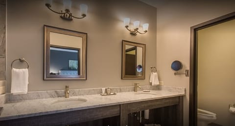 Shower, rainfall showerhead, free toiletries, hair dryer