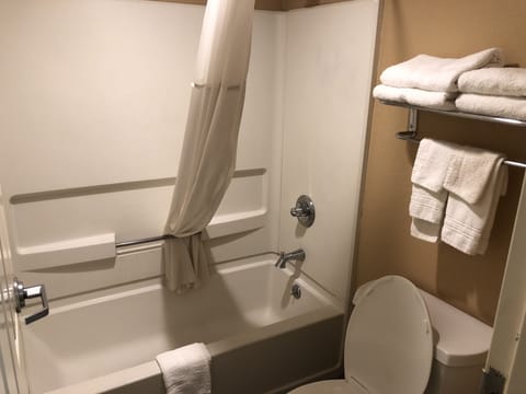 Room, 2 Queen Beds, Smoking | Bathroom | Shower, hair dryer, towels