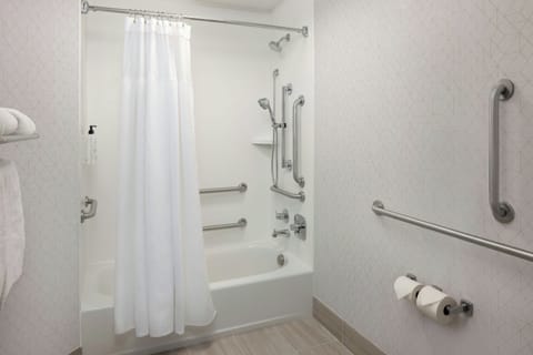 Combined shower/tub, free toiletries, hair dryer, towels