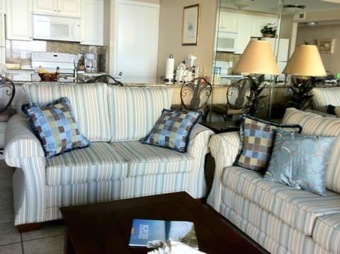 Comfortable new couches, and 1 opens into a queen sofabed.