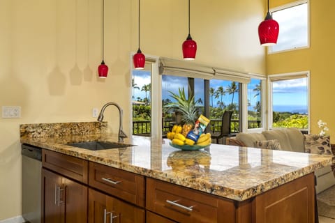Kitchen looking out to golf course and ocean 