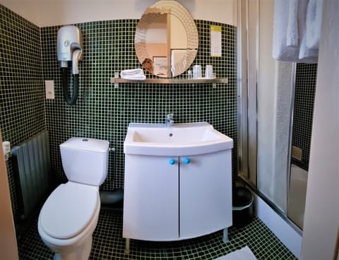 Combined shower/tub, free toiletries, hair dryer, towels