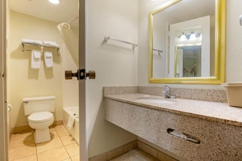 Combined shower/tub, deep soaking tub, free toiletries, hair dryer