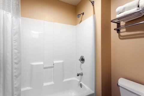 Combined shower/tub, free toiletries, hair dryer, towels