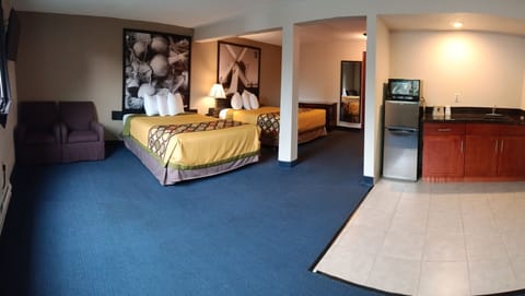 Room, 2 Queen Beds | Desk, laptop workspace, blackout drapes, iron/ironing board