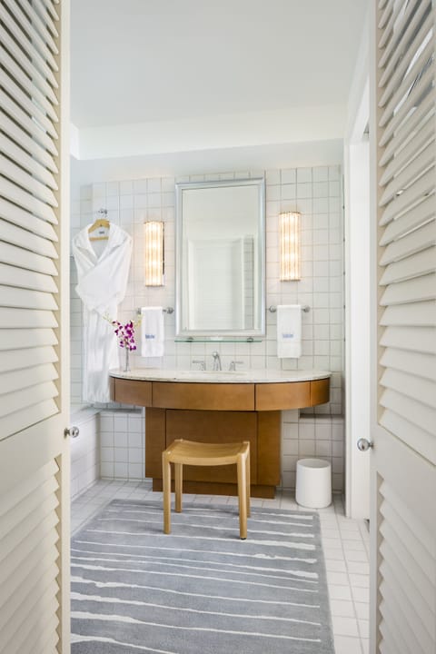 Separate tub and shower, deep soaking tub, designer toiletries
