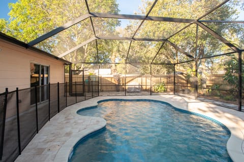 Caged pool seen from the east end of the pool