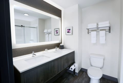 Combined shower/tub, free toiletries, hair dryer, towels