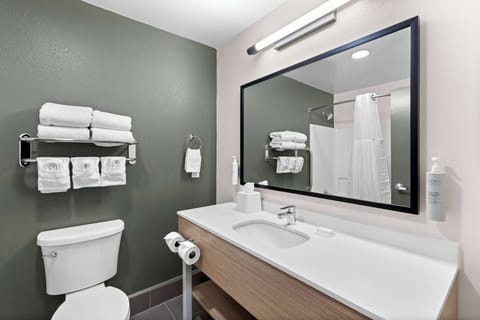 Combined shower/tub, hair dryer, towels