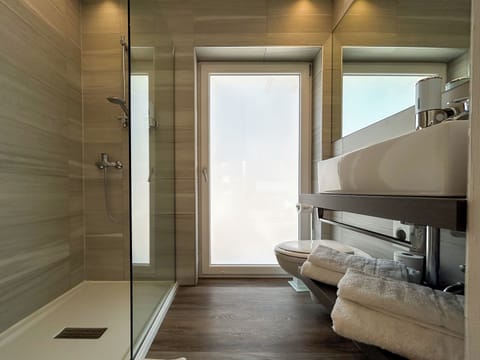 Shower, rainfall showerhead, designer toiletries, hair dryer