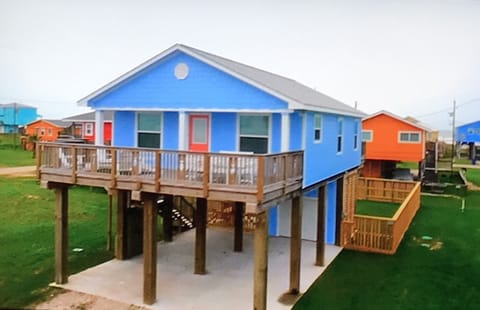 Photo of home from Hgtv. (Enhanced color) The home is light blue. 