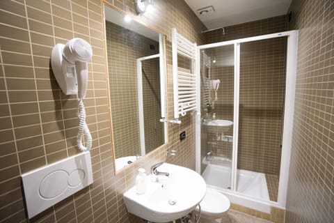 Hair dryer, towels, soap