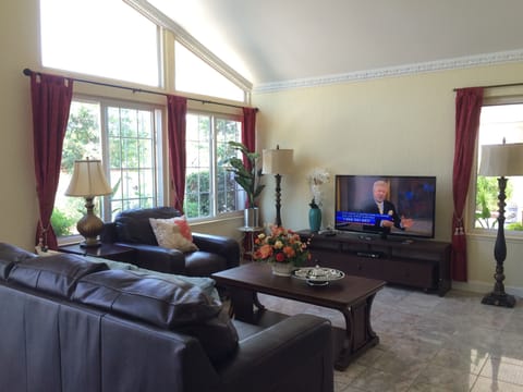 Living room， comfortable leather sofa, 50" HD TV