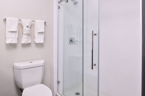Combined shower/tub, free toiletries, hair dryer, towels