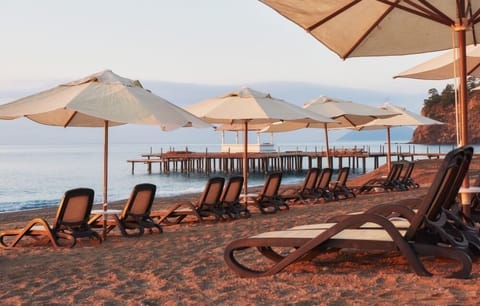Beach nearby, sun loungers, beach bar