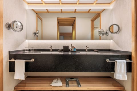 Shower, rainfall showerhead, hair dryer, towels