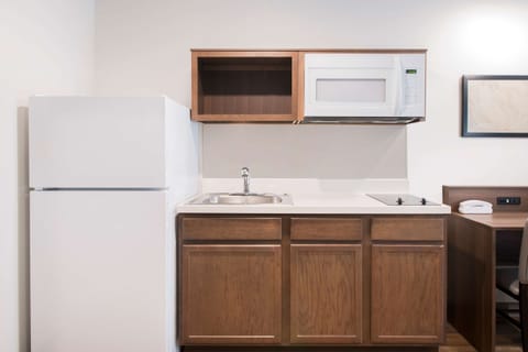 Full-size fridge, microwave, stovetop