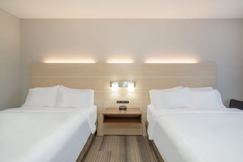 Desk, laptop workspace, blackout drapes, iron/ironing board