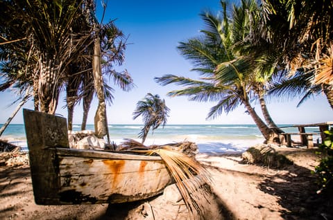 On the beach, sun loungers, beach umbrellas