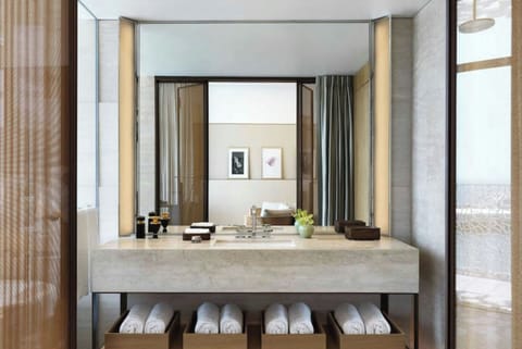 Separate tub and shower, deep soaking tub, rainfall showerhead