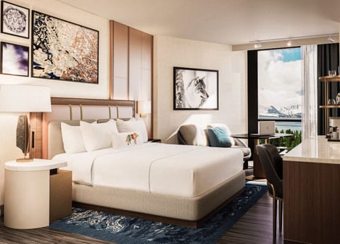 Premium bedding, desk, laptop workspace, blackout drapes