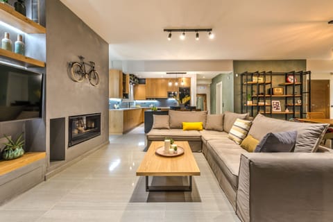 Villa, 3 Bedrooms, Sea View | Living room | 49-inch flat-screen TV with cable channels, TV, fireplace