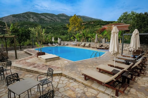 Seasonal outdoor pool, pool umbrellas