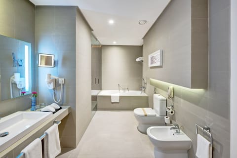 Combined shower/tub, free toiletries, hair dryer, bathrobes