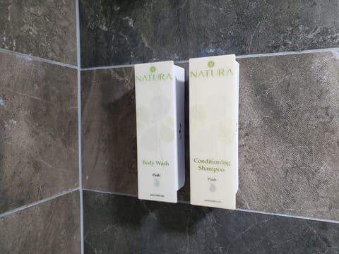 Combined shower/tub, free toiletries, towels, soap