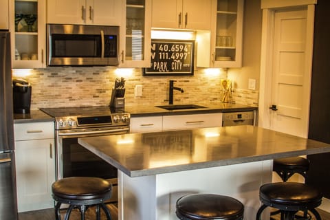 Open Kitchen with Concrete Island and Counter Tops