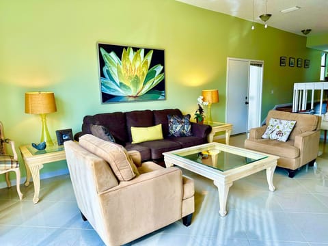 Living room with pulled out queen size sofa bed