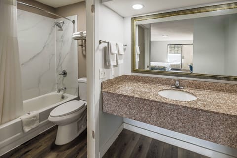 Combined shower/tub, hydromassage showerhead, towels, soap