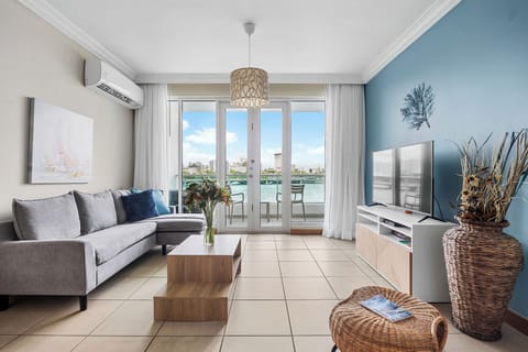 The living area with stunning Condado Lagoon Views