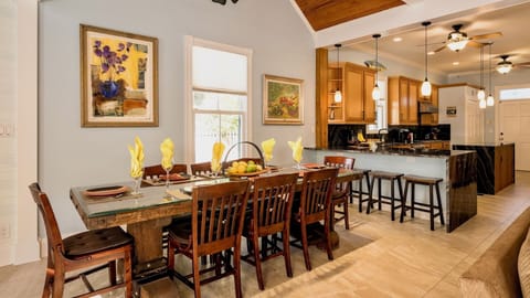 The indoor dining table seats eight...