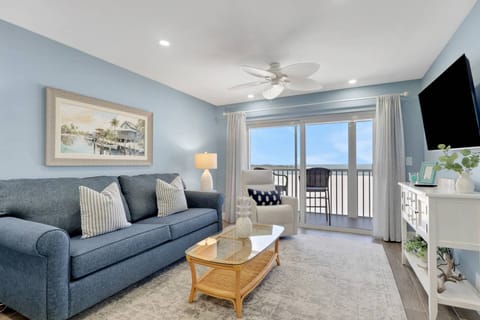 A queen sofa sleeper and a full sliding glass doors that allow the condo to be flooded with sunlight and graced with this view.