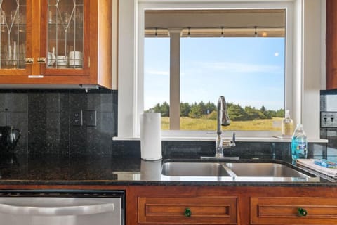 Double-bowled sink and a dishwasher calls for easy clean up!