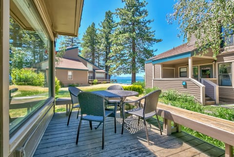 Dine inside or outside with views of the lake. Take a stroll to play, eat, or BBQ right on the private beach.