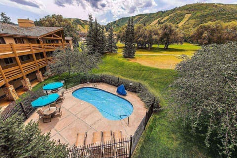 Poolside and golf course aerial view taken from directly above the home.