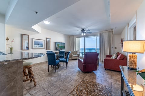 Sunset Lagoon's beautiful view of the Gulf from the Kitchen, dining, and living room!  Shores of Panama 817 in Beautiful Panama City Beach, FL!