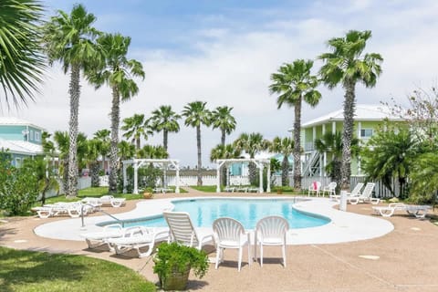 Community pool with lounge chairs and palm trees at Royal Sands