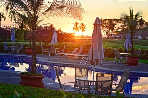 Pool area at Del Mar at sunset.